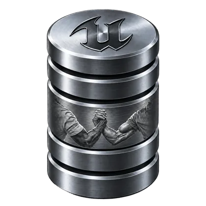 Unreal Buddies — a metal database stack engraved with the Unreal Engine mark and two arms locked in a grip